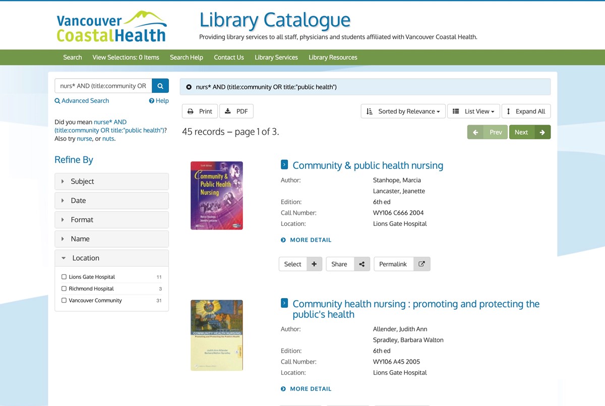 Vancouver Coastal Health Library Catalogue