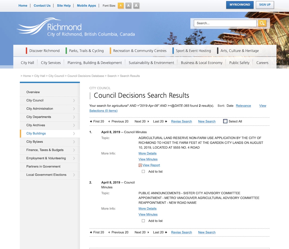 City of Richmond Council Decisions Search Results