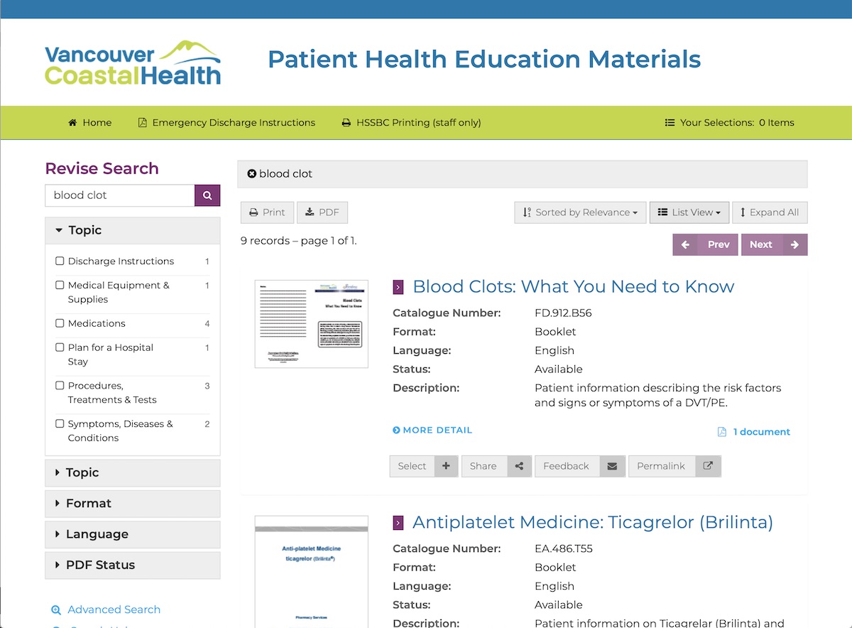 Vancouver Coastal Health Patient Health Education Materials