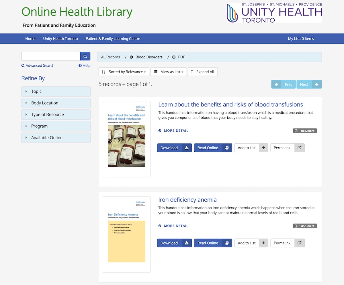 Unity Health Toronto Online Health Library