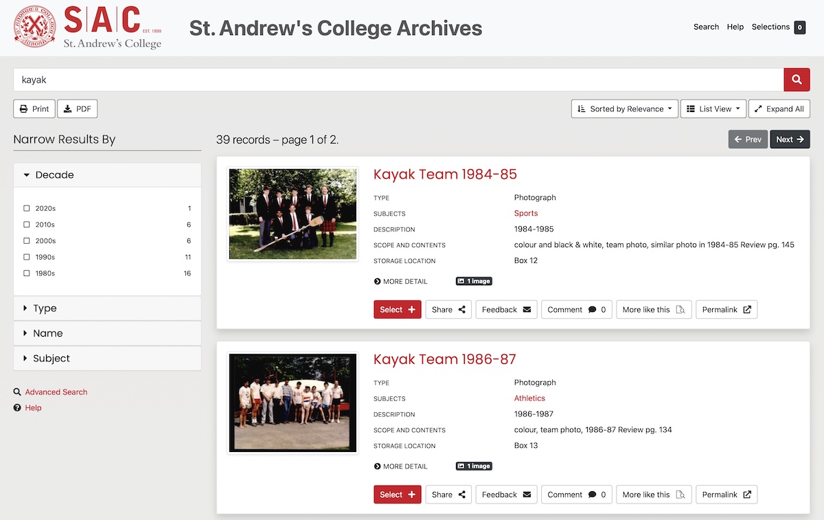 St. Andrew's College Archives Search Results