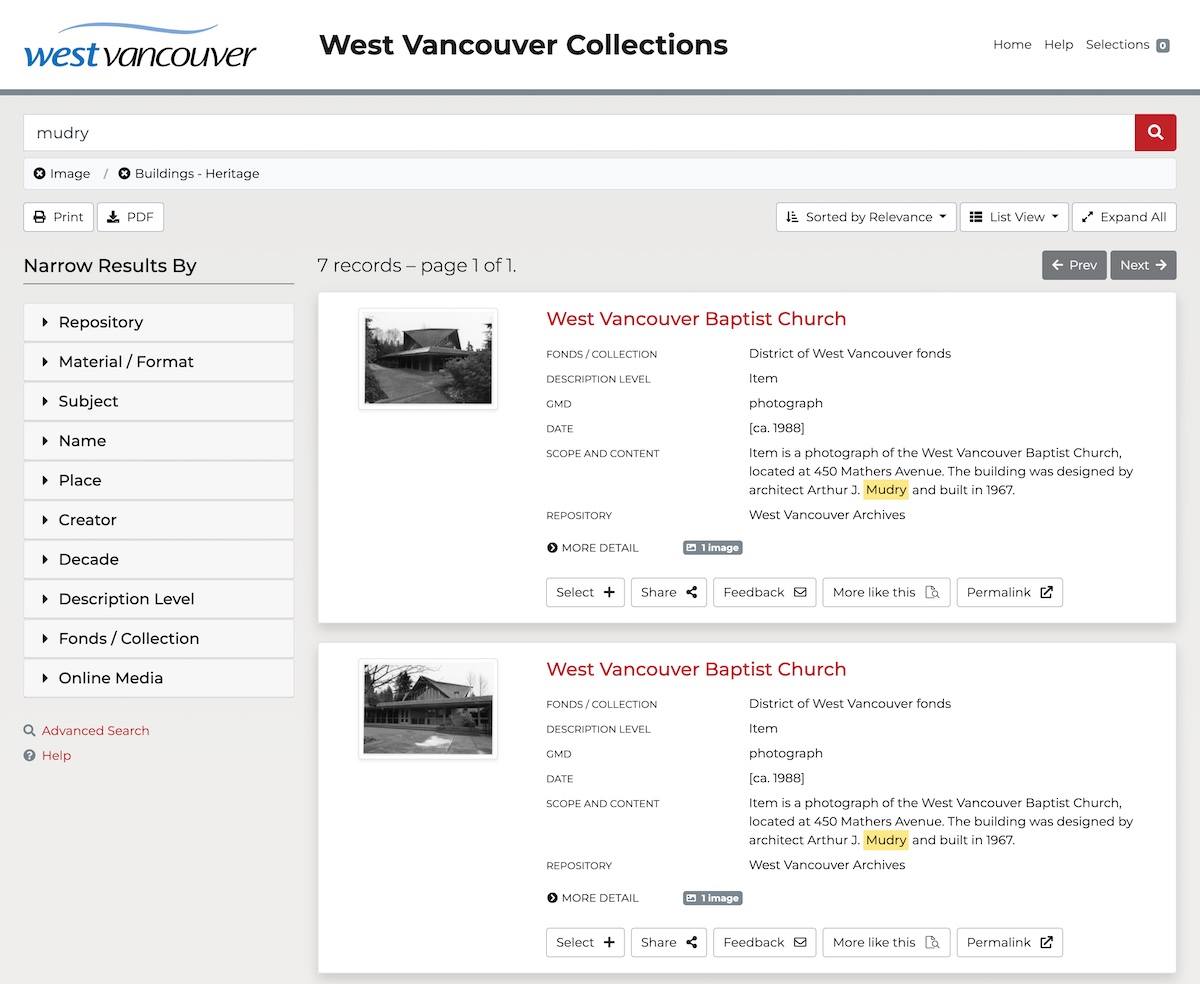 West Vancouver Archives and Art Museum search results